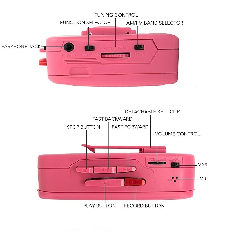Walkman Cassette Player Portable Cassette Players Recorders Am FM Radio Lightweight Builtin Speaker USB Power Supply or 2 AA Batteries Automatic Stop System Protect Cassette Tape Pink