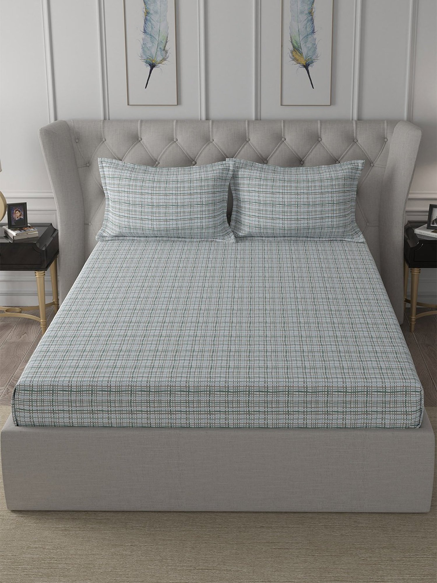 In-House by Maspar Blue 200 TC Cotton Printed Bed Sheet with 2 Pillow Cover