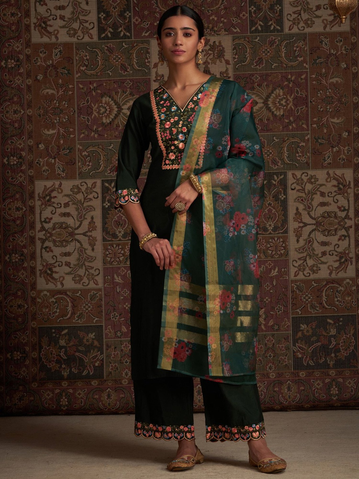 Indo Era Green Embroidered Kurta Palazzo Set With Dupatta