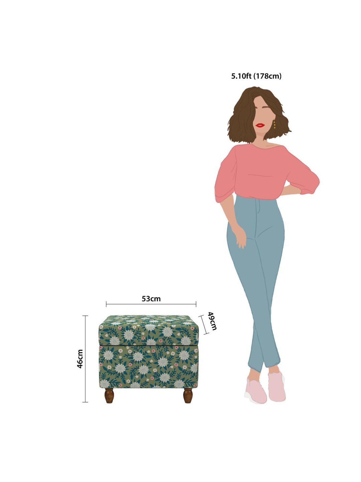 Chumbak Spring Marigold Floral Green Mango Wood Modern Trunk Storage Ottoman