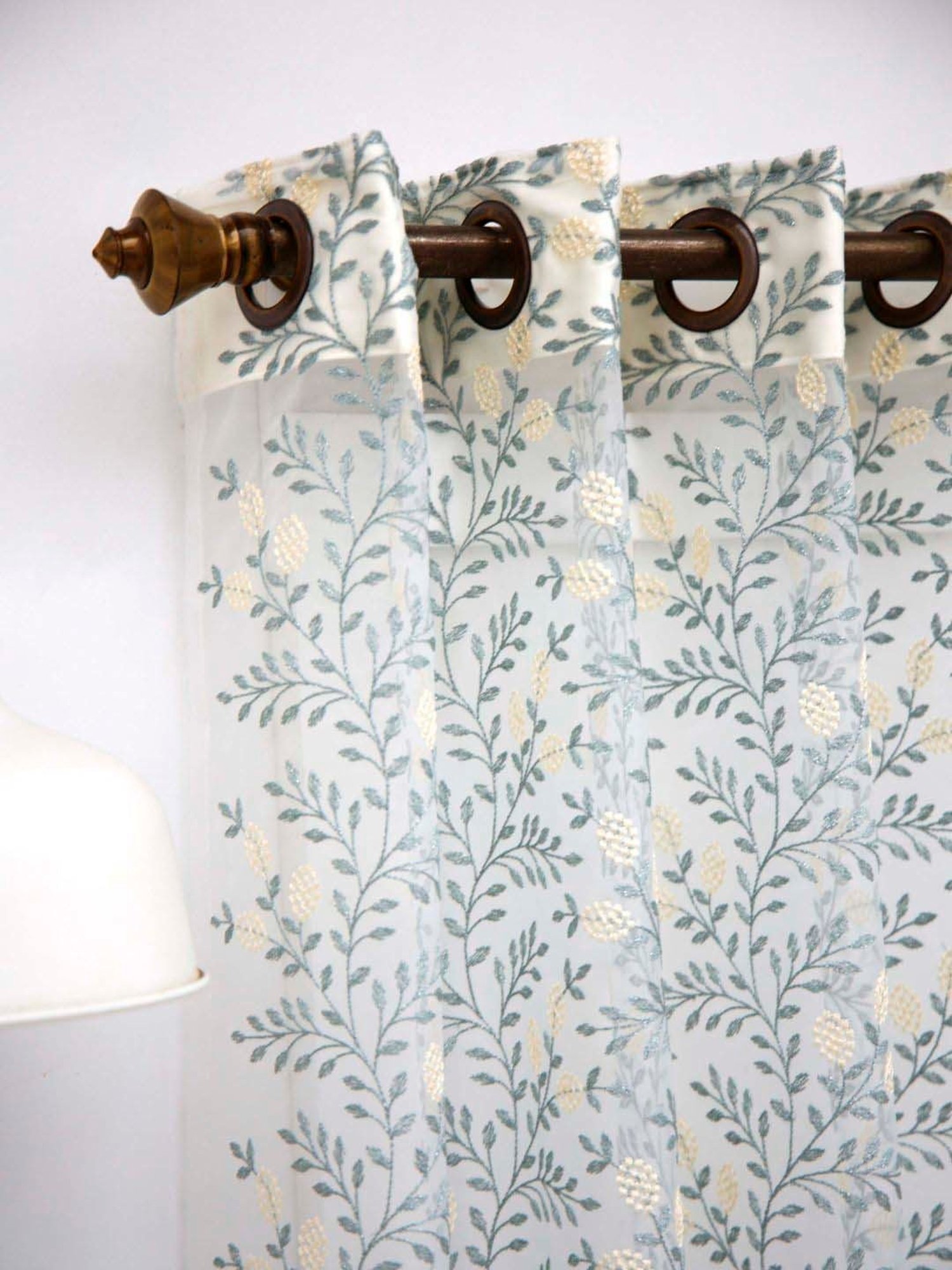 Ariana Rosalie White & Teal Blue Polyester 5 Ft. Window Sheer Curtain