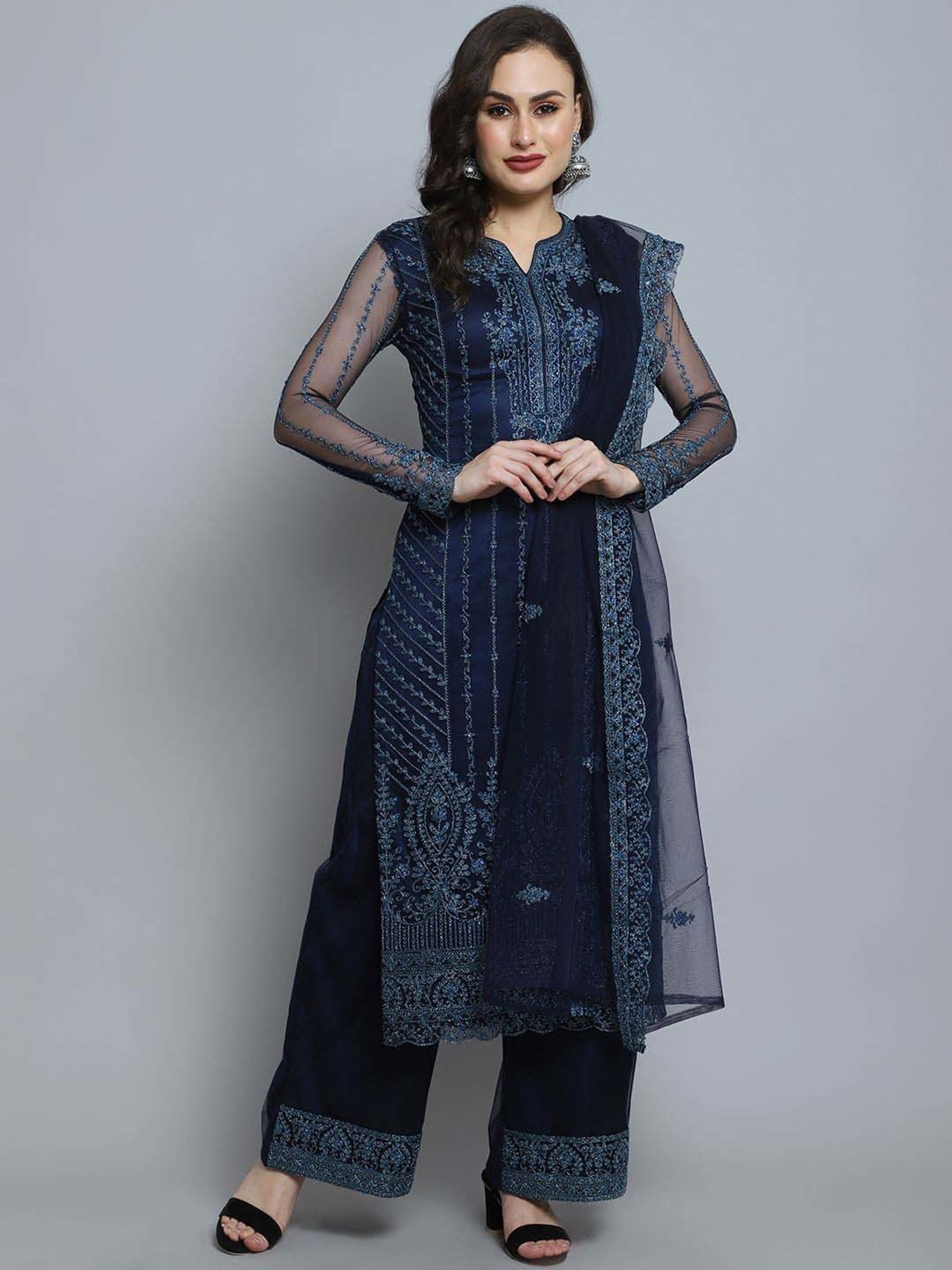 Stylee LIFESTYLE Navy Embroidered Unstitched Dress Material
