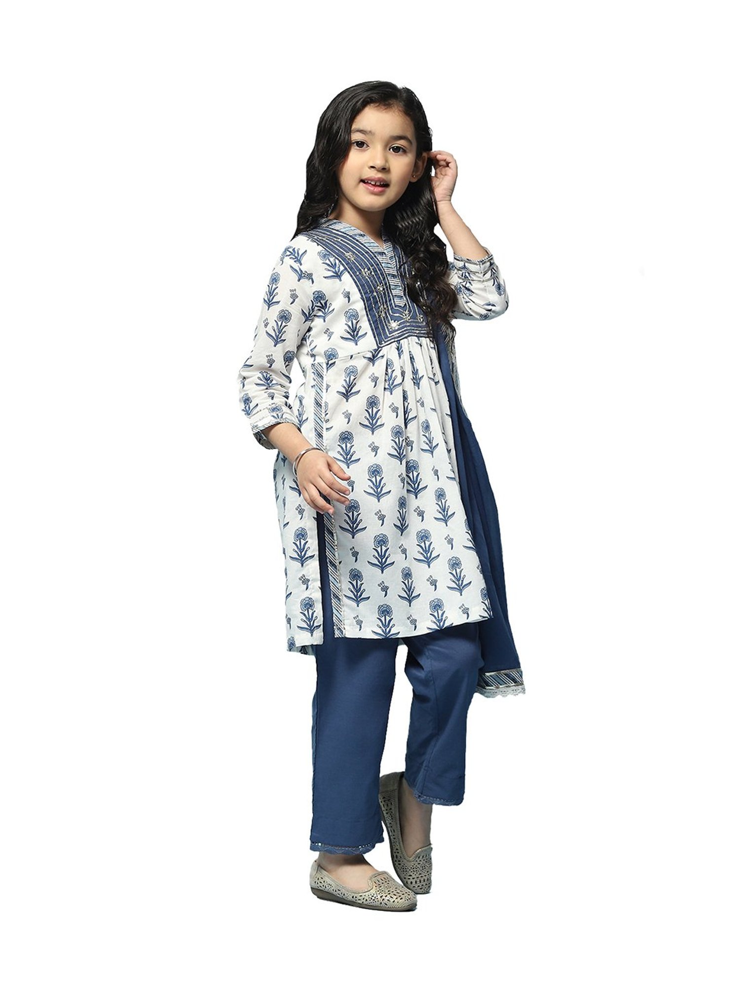 BIBA Girls Off White & Blue Embellished Kurta, Pants with Dupatta
