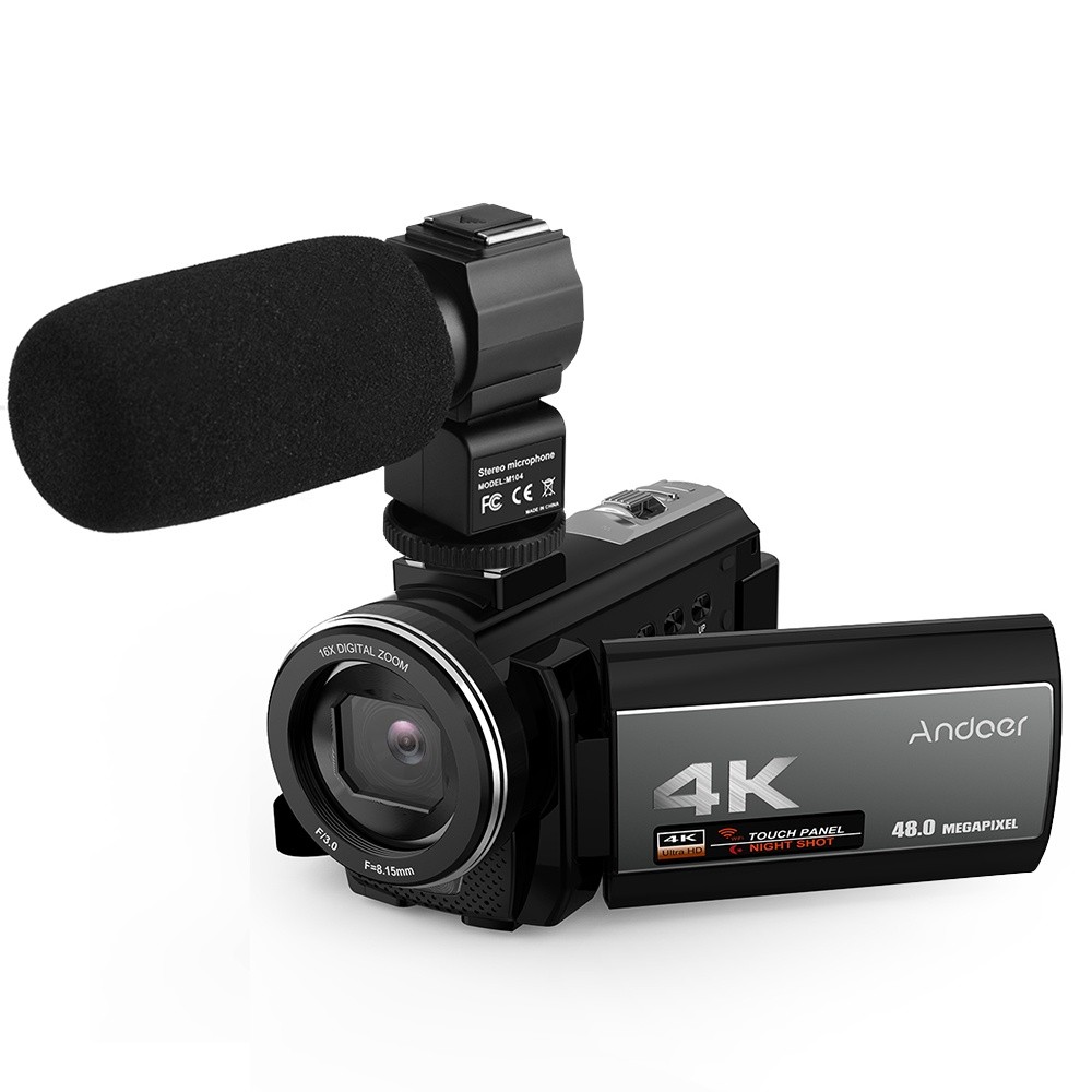 Andoer  Portable 4K  48MP WiFi Digital Video Camera Camcorder with External Microphone and 0.39X Wide Angle Lens 3.0 Inch Touch Screen IR Infrared Night-shot 16X Digital Zoom with 1pc 2000mAh