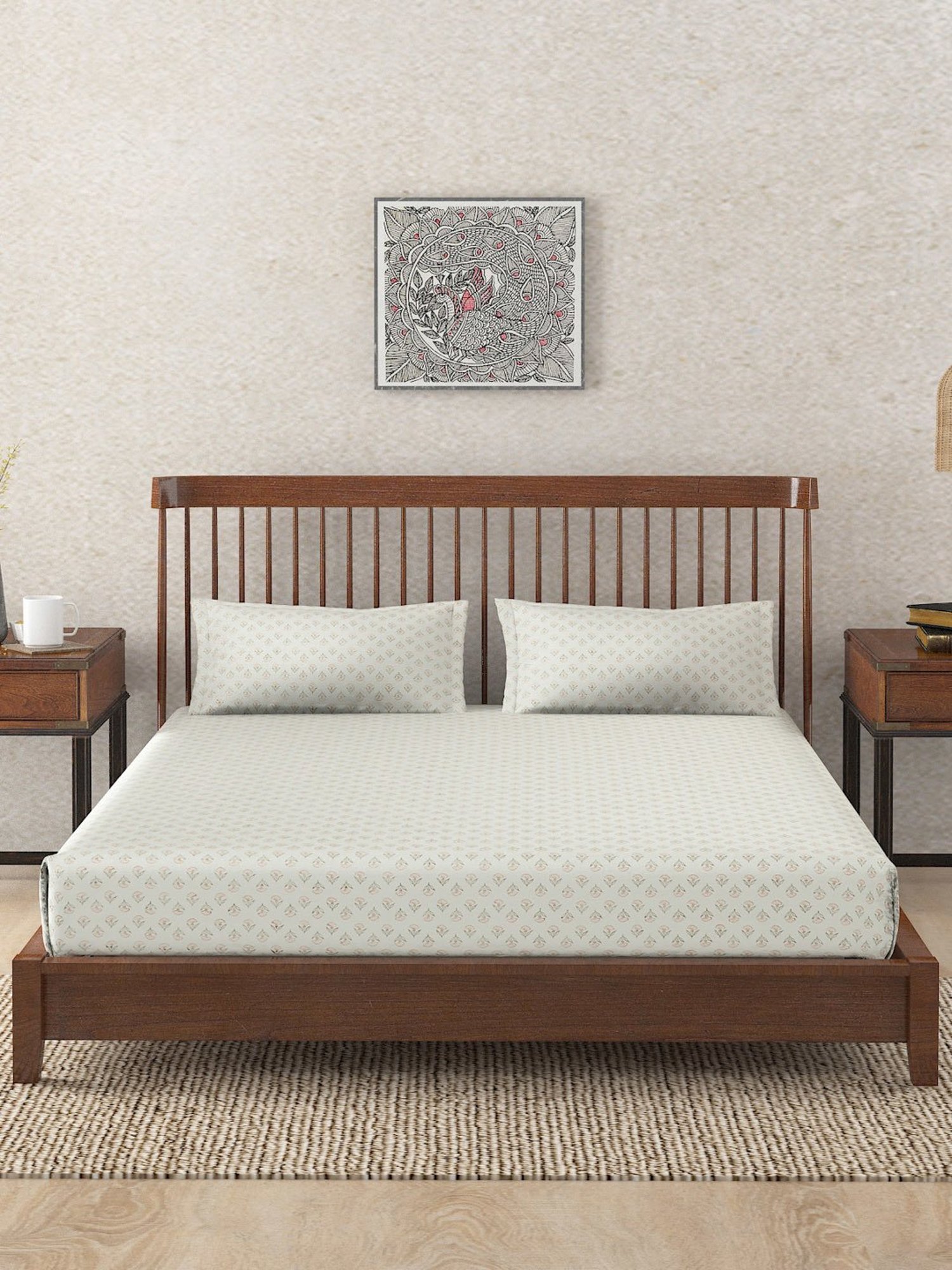 Fabindia Home Mihira Printed Teal 180 TC Cotton Single Size Bed Sheet with 2 Pillow Covers