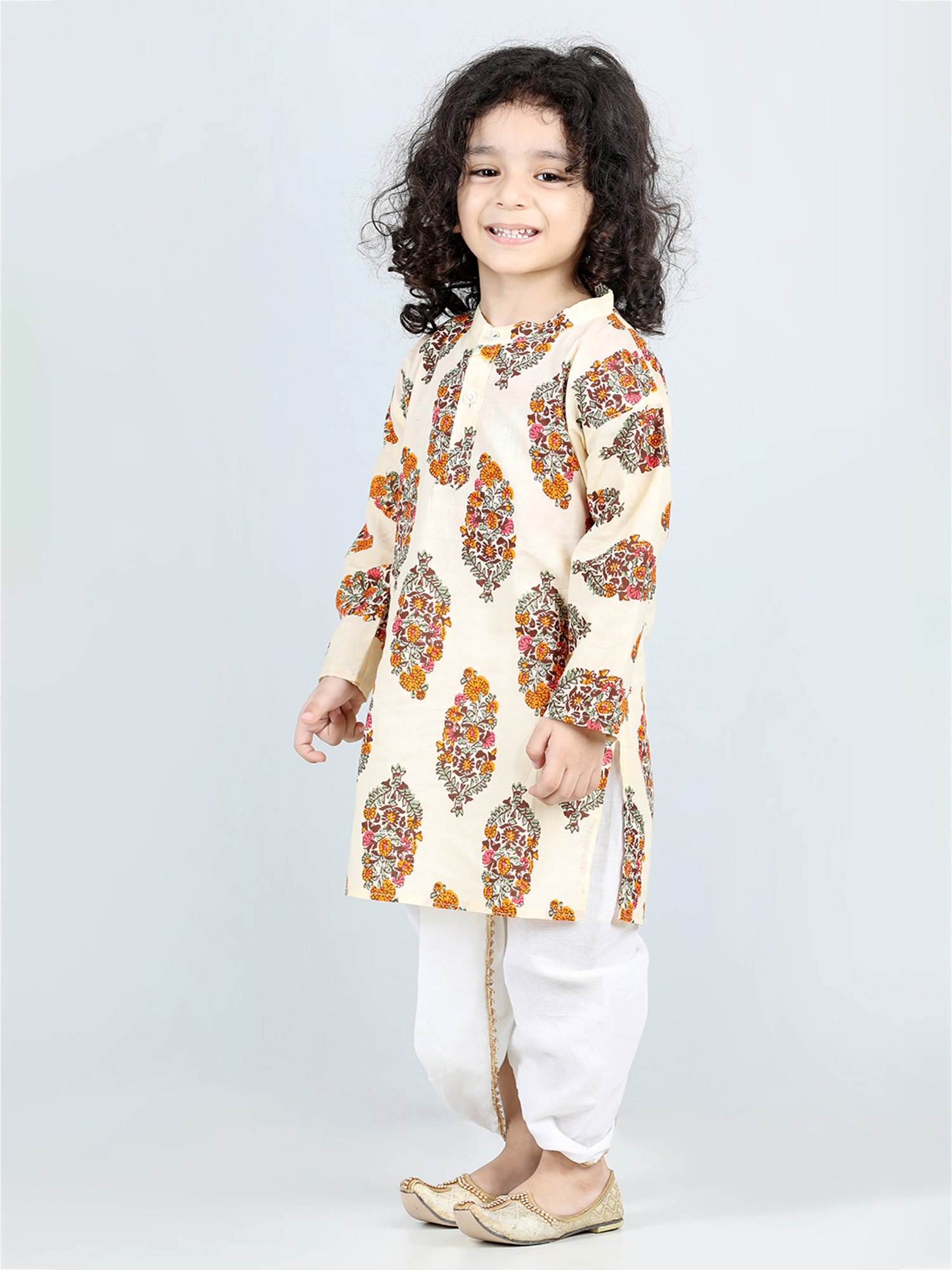 AJ Dezines Kids Off White Printed Full Sleeves Kurta with Dhoti