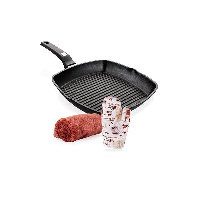Griddle Aluminum Nonstick Stove Top Square Grill Pan,Chef Quality Perfect for Meats Steaks Fish And Vegetables,Dishwasher Safe,11 inch, Black By  (Comes With a Special Cloth And Gloves)