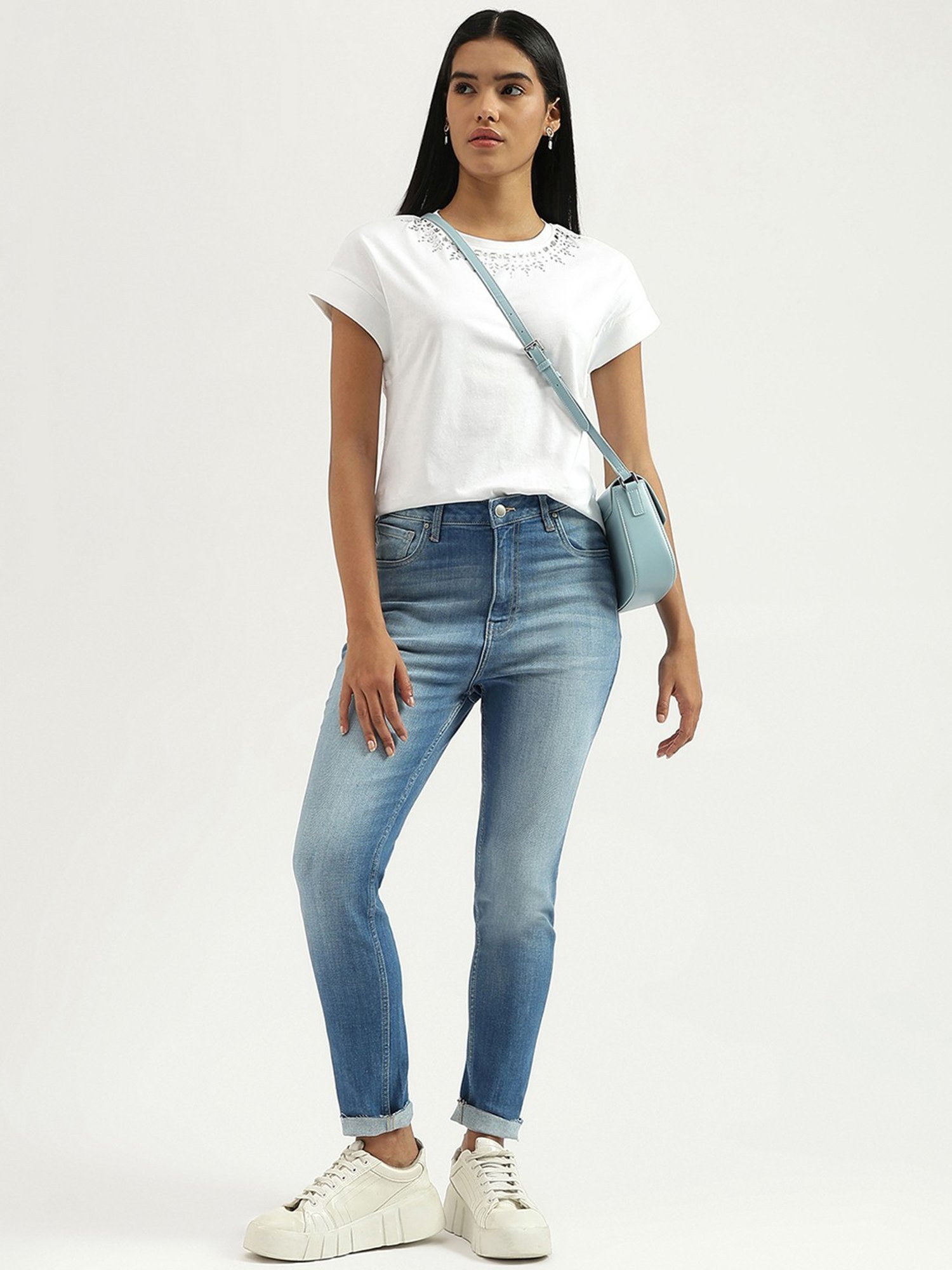 United Colors of Benetton White Cotton Embellished T-Shirt