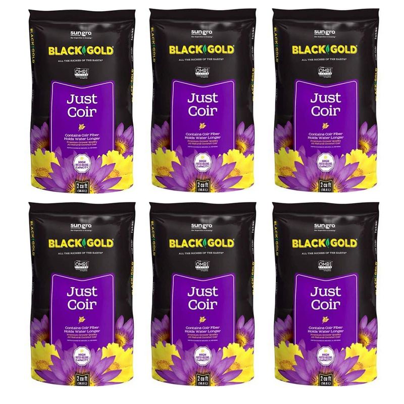 SunGro Black Gold All Purpose Natural and Organic Just Coir Gardening Plant Amendment Additive Soil, 2 Cubic Foot Bag (6 Pack)