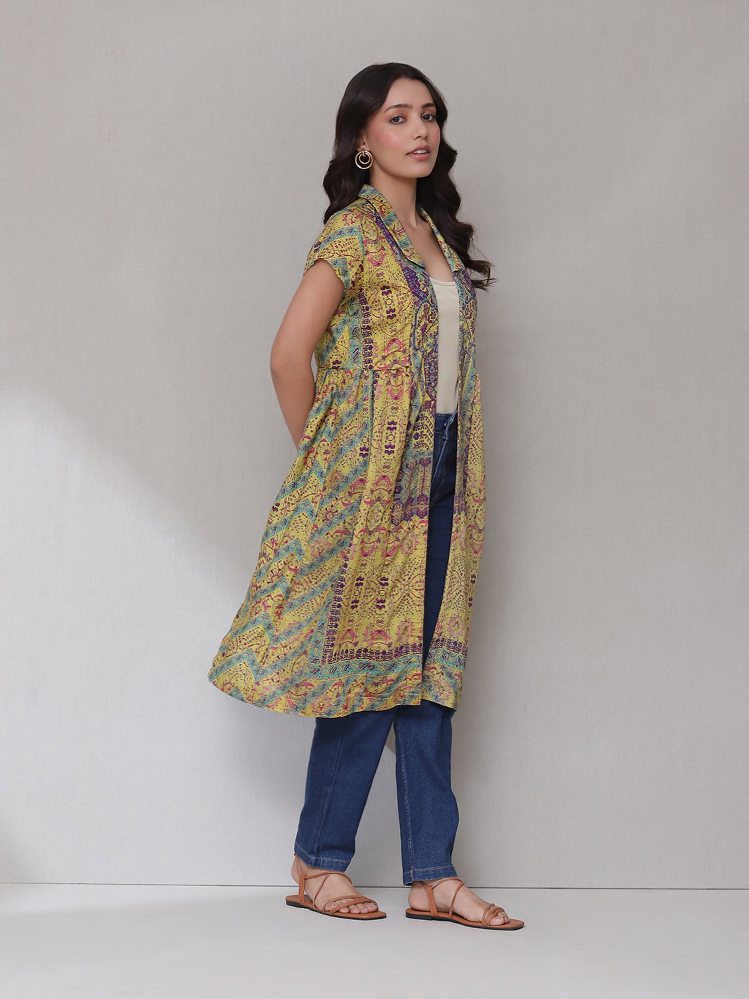 aarke Ritu Kumar Yellow & Purple Printed Long Shrug
