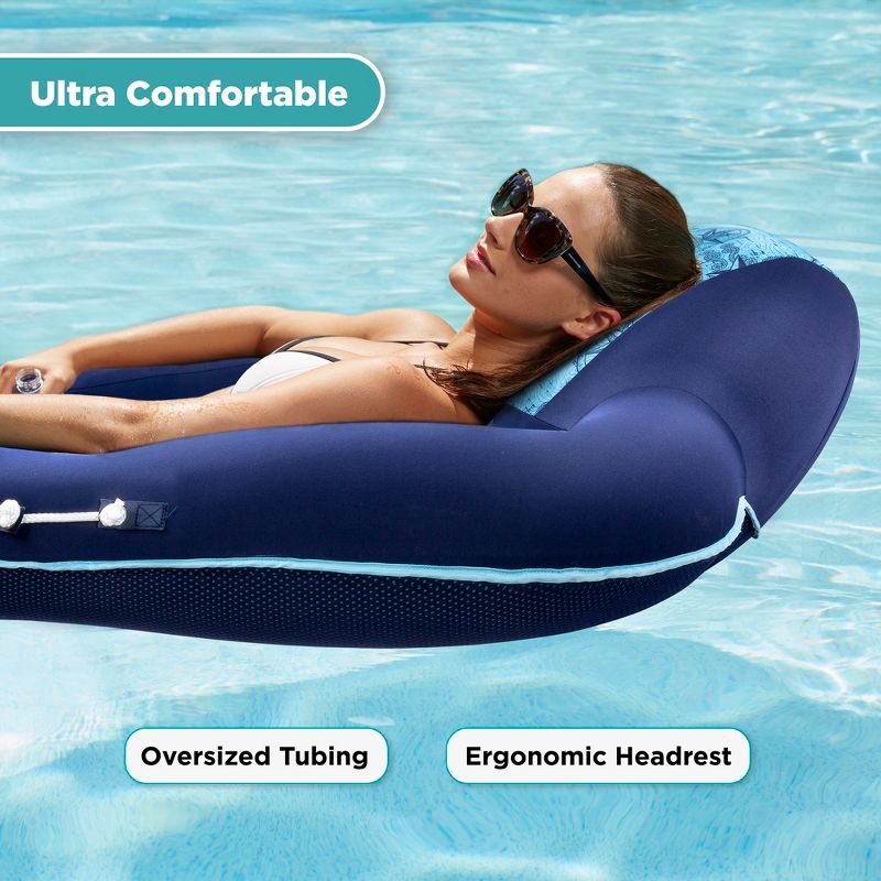 Aqua Leisure Large Inflatable Pool Float Lounger with Headrest and Heavy Duty Dual Action Hand Pump with 4 Nozzle Adapters Attachments, Black, Blue