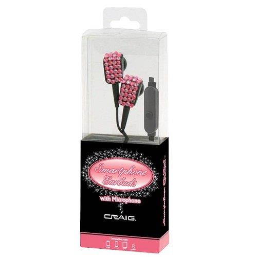 craig electronics chp4831pk bling ear buds with microphone, black with pink rhinestones