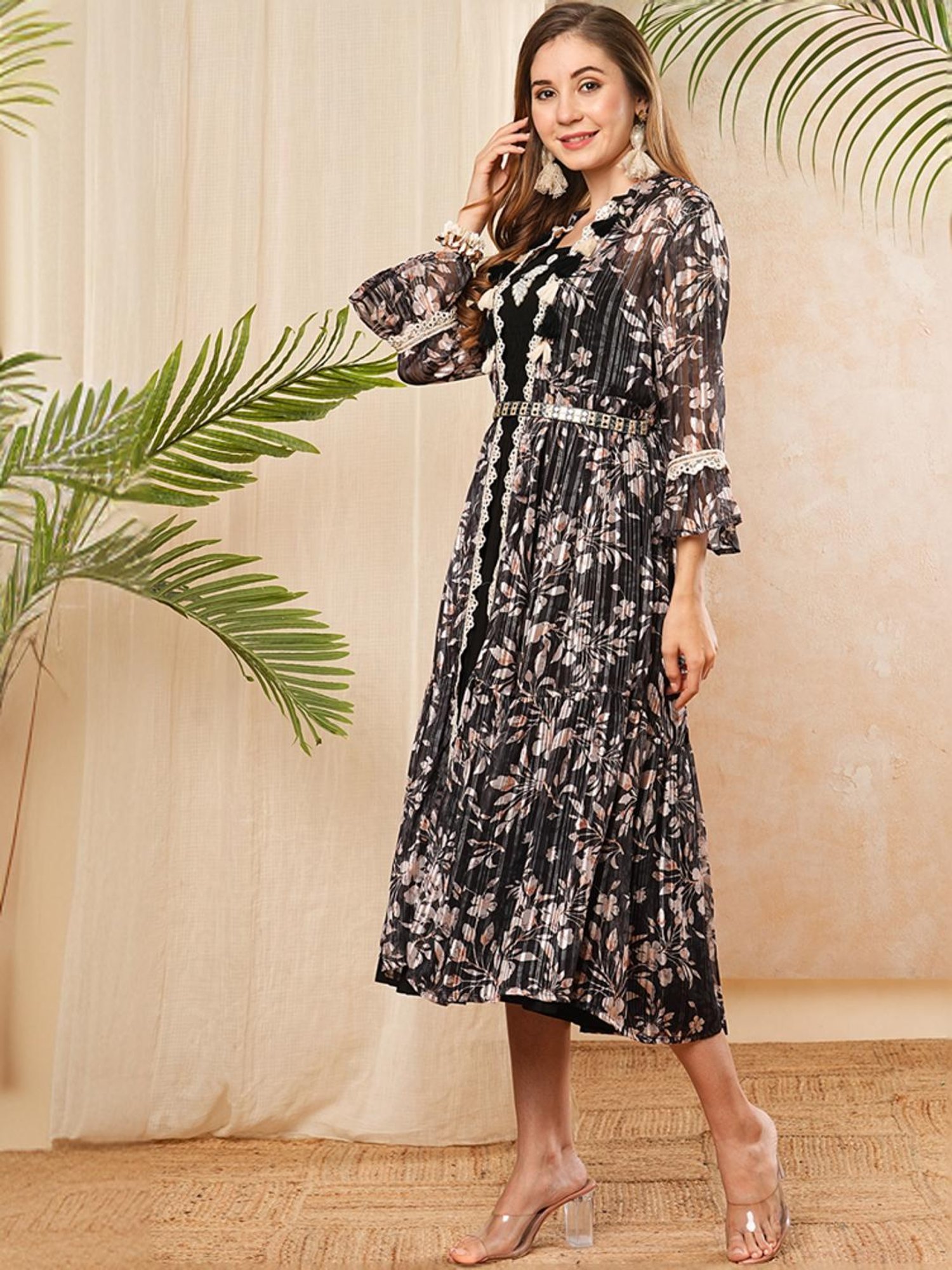 Fashor Black Printed A-Line Dress With Jacket