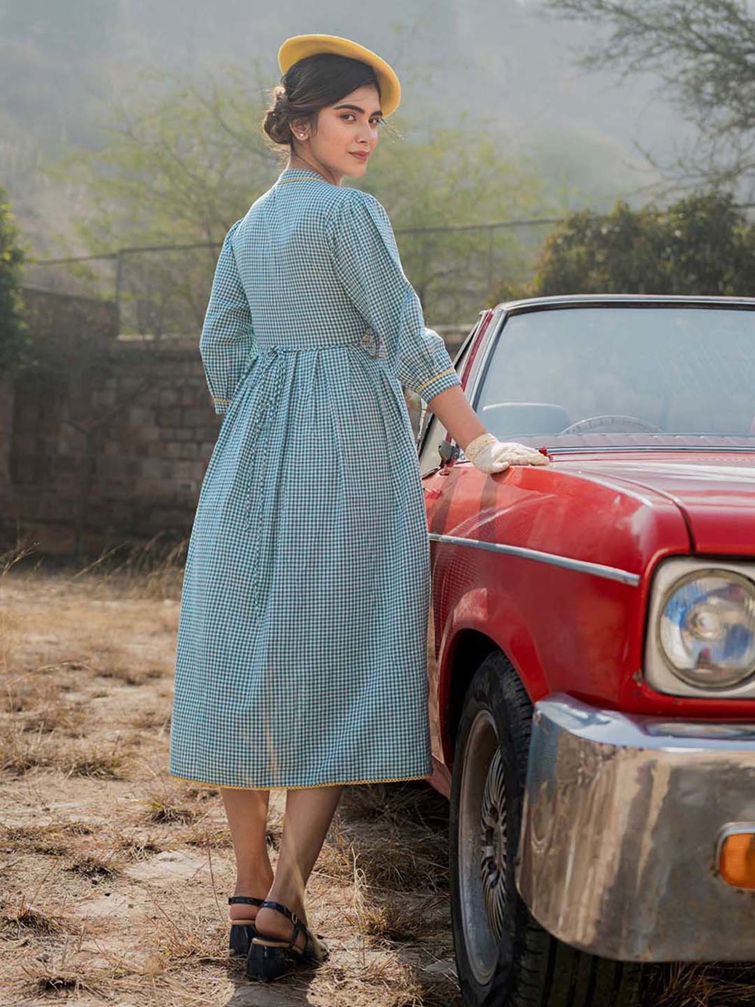 Yufta Teal Green Check Ethnic Dresses