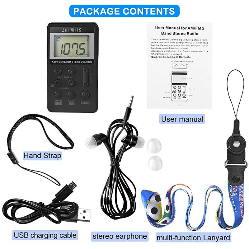 Portable Radio  AM FM Mini Transistor Rechargeable Battery Personal Digital Tuning Stereo Pocket Walkmen Radios with Shutdown Memory and Earphone amp MultiFunction Lanyard for Walking Travel