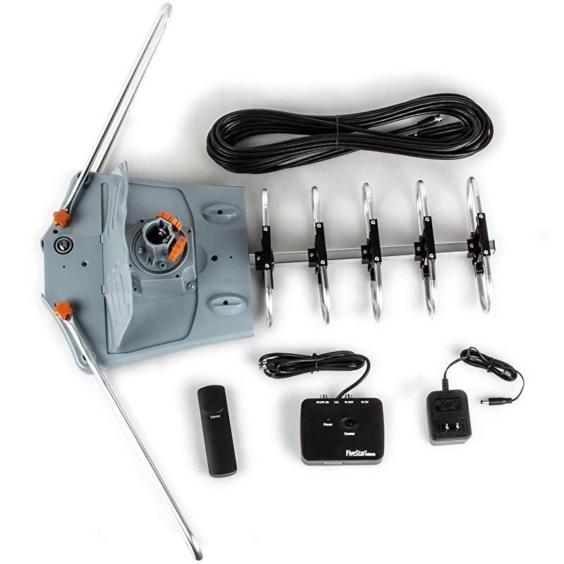 Outdoor HDTV Antenna 2019 Newest Model Up to 150 Miles Long Range with Motorized 360 Degree Rotation, UHF/VHF/FM Radio with Infrared Remote Control Advanced Design Plus Installation Kit