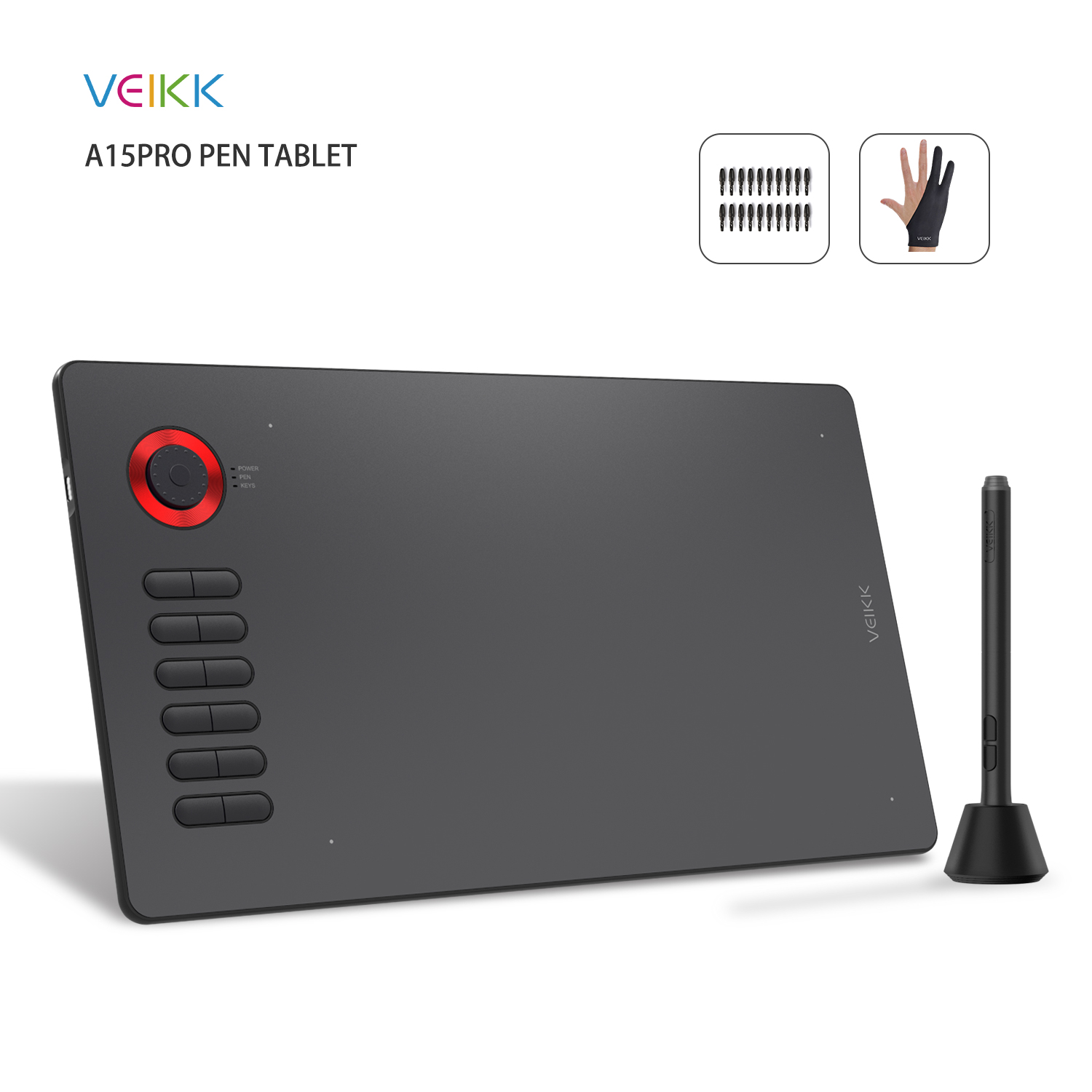 VEIKK A15 Pro Graphics Drawing Tablet 10 x 6 inch Digital Drawing Tablet with 12 Hotkeys and a Quick Dial (8192 Level Pressure Battery -Free Stylus)