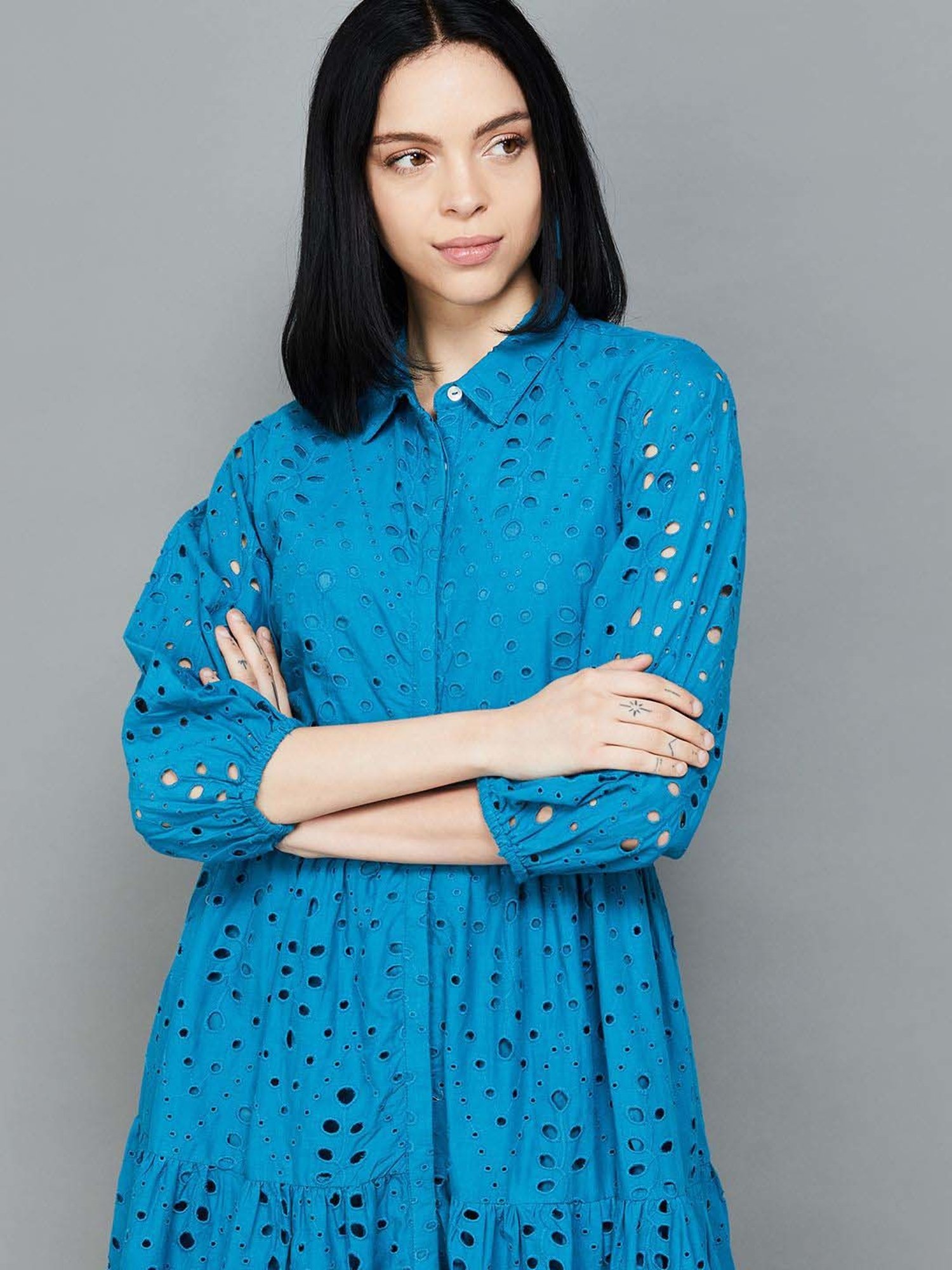 Colour Me by Melange Blue Cotton Self Pattern Shirt Dress