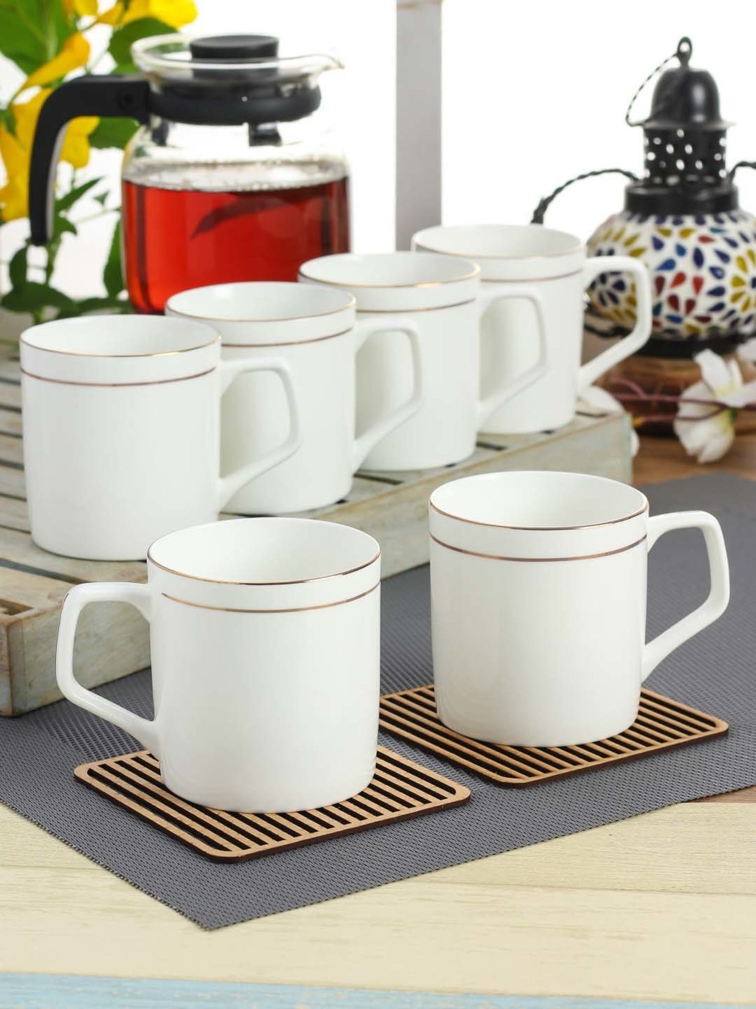 Clay Craft White & Gold Fine Ceramic Coffee & Tea Mugs (220 ml) - Set of 6