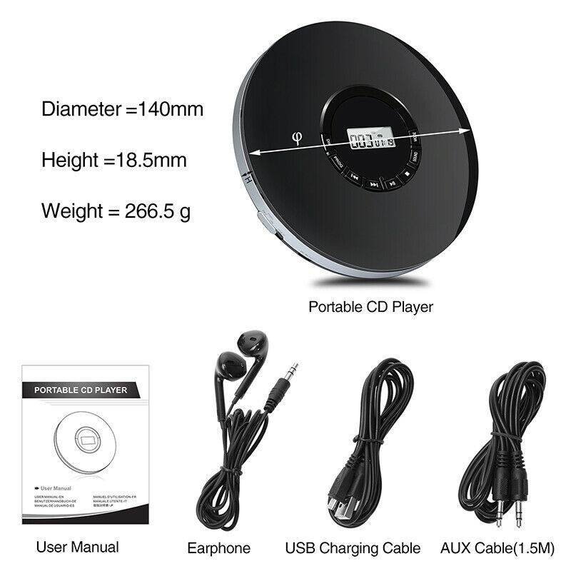 Rechargeable Portable Personal CD Player with LED Backlit Display Anti-Skip AUX