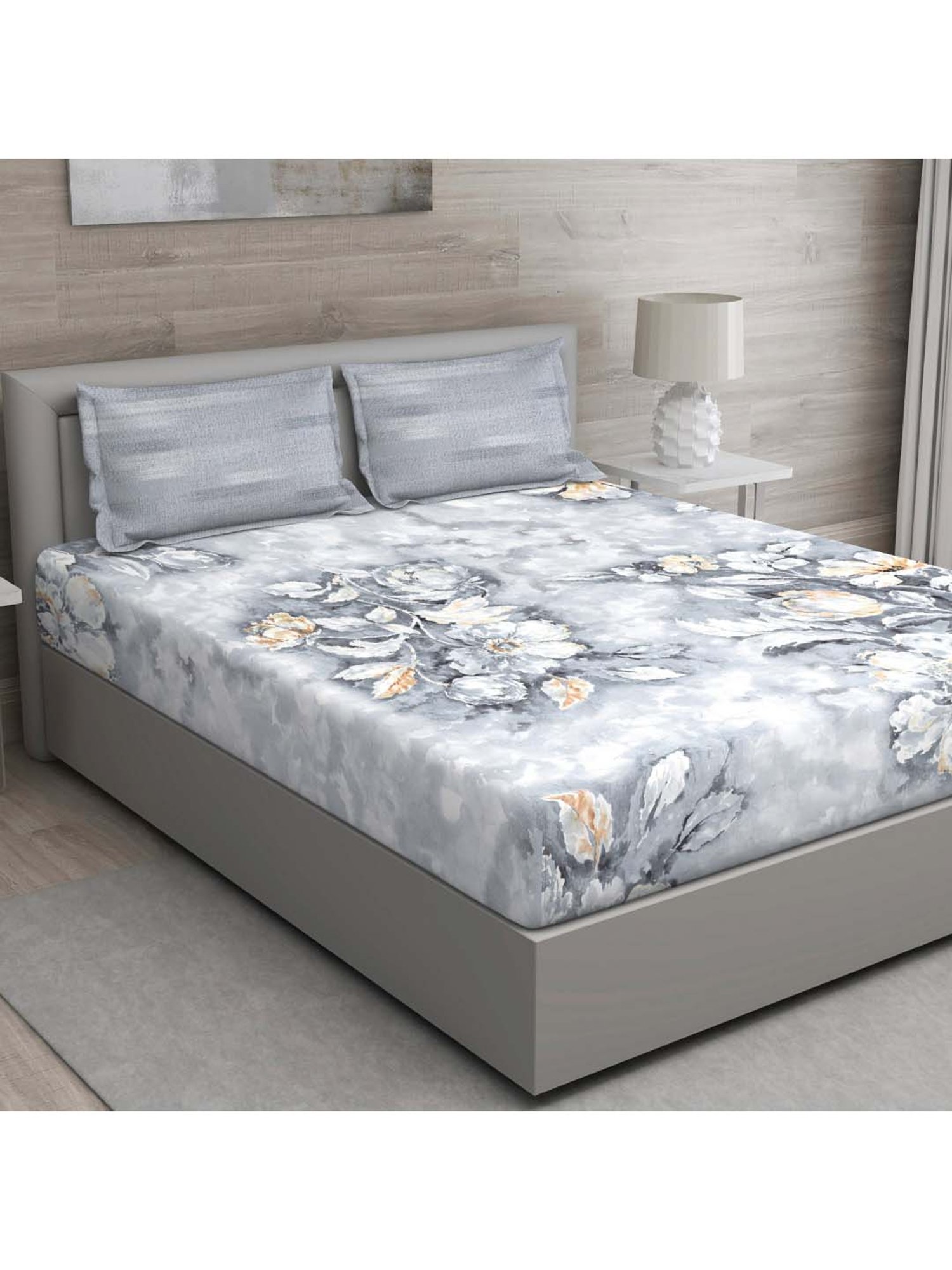 GM Grey & Orange 100% Cotton 144 TC Queen Bedsheet Set