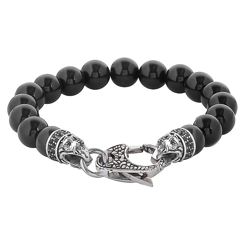 Men's Crucible Stainless Steel Dragon with Polished Black Onyx Beaded Bracelet