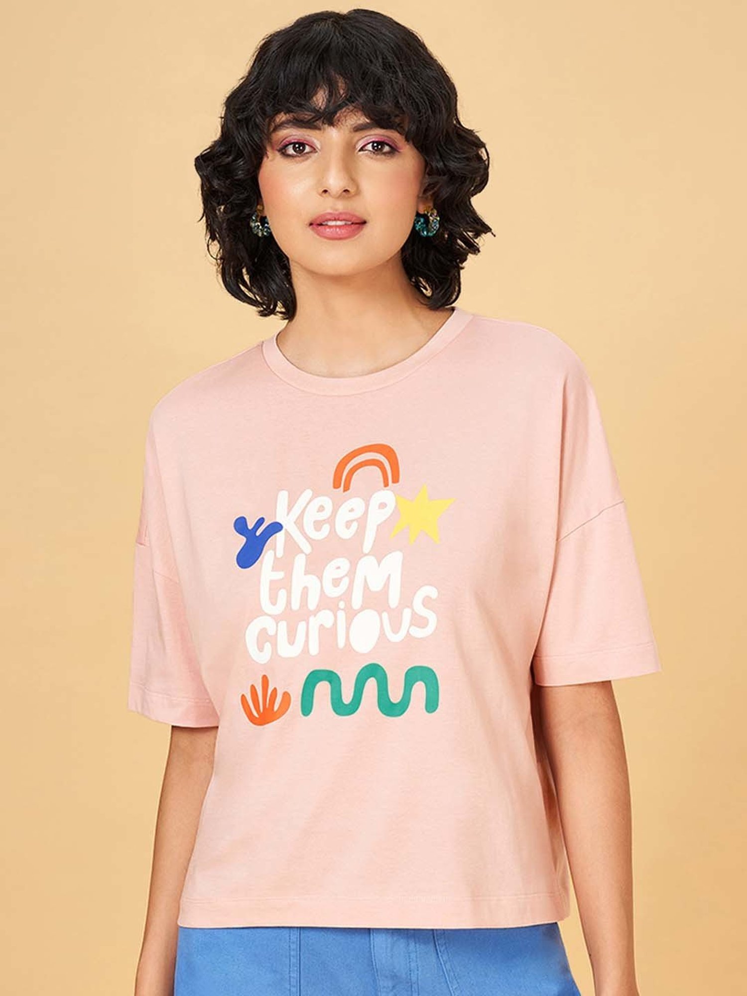 People by Pantaloons Pink Cotton Printed T-Shirt