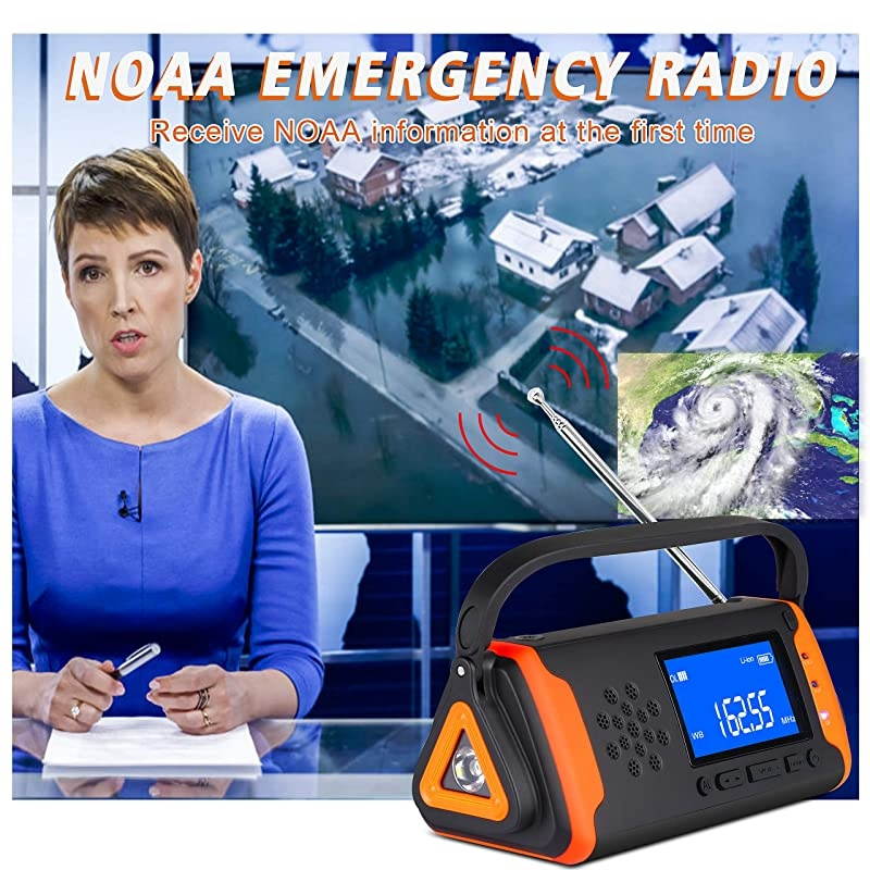 Weather Crank Radio 4000mAh Portable Solar Powered Hand Crank AMFMNOAA Weather Alert Radio Aux Music Play USB Cell Phone Charger SOS Alarm LED Flashlight for HurricanesTornadoes