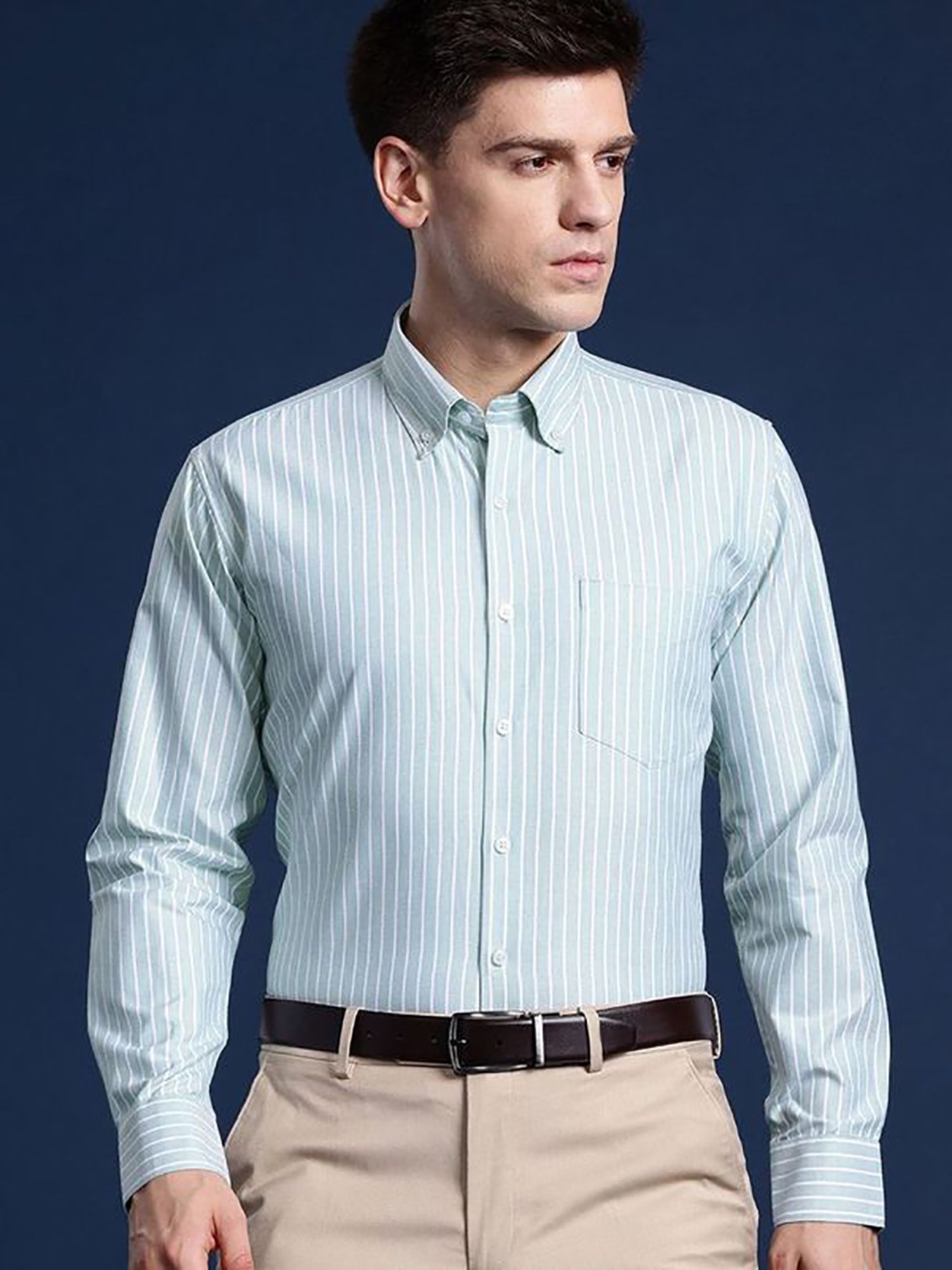 Hancock Green Slim Fit Stripes Shirts