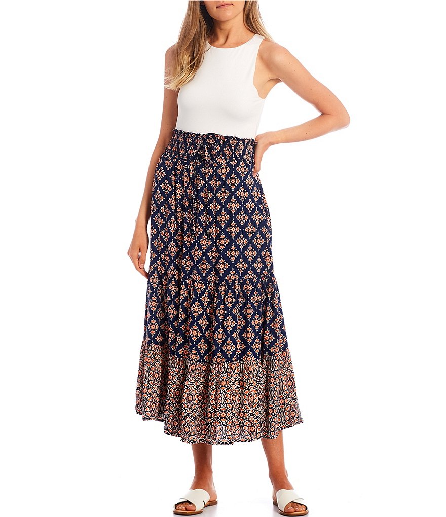 Angie Border Print Tiered Hem Maxi Skirt