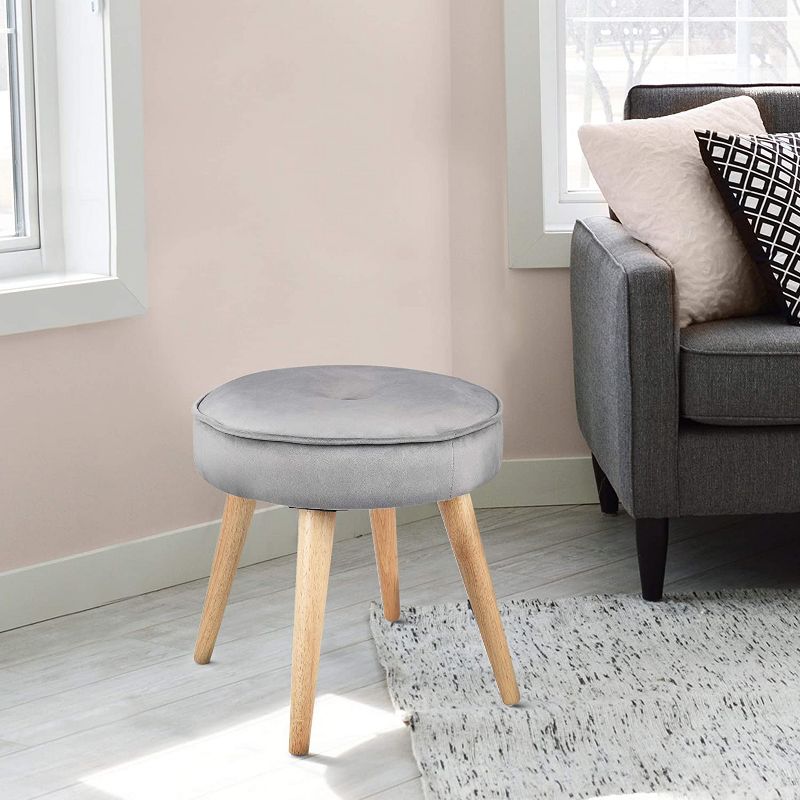 Living Essentials Alannah Stylish Upholstered Cushioned Velvet Fabric 15.75 Inch Round Footrest Ottoman Stool Seat with Pine Wood Legs, Gray