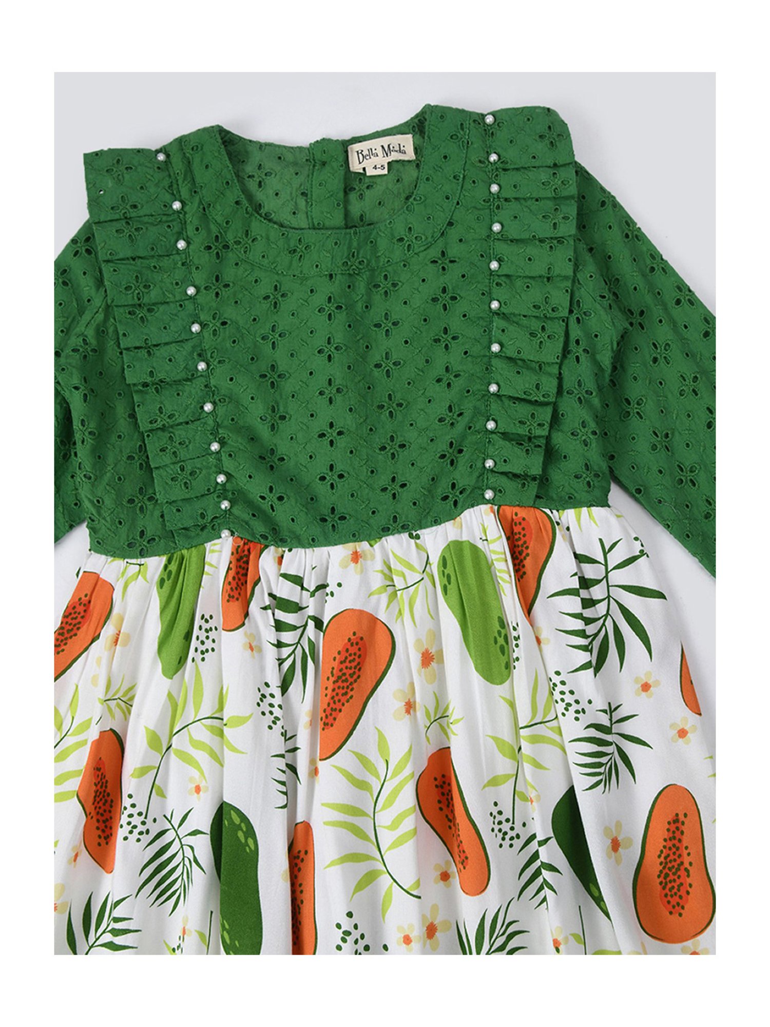 Bella Moda Kids Green & White Self Design Full Sleeves Fit & Flare Dress