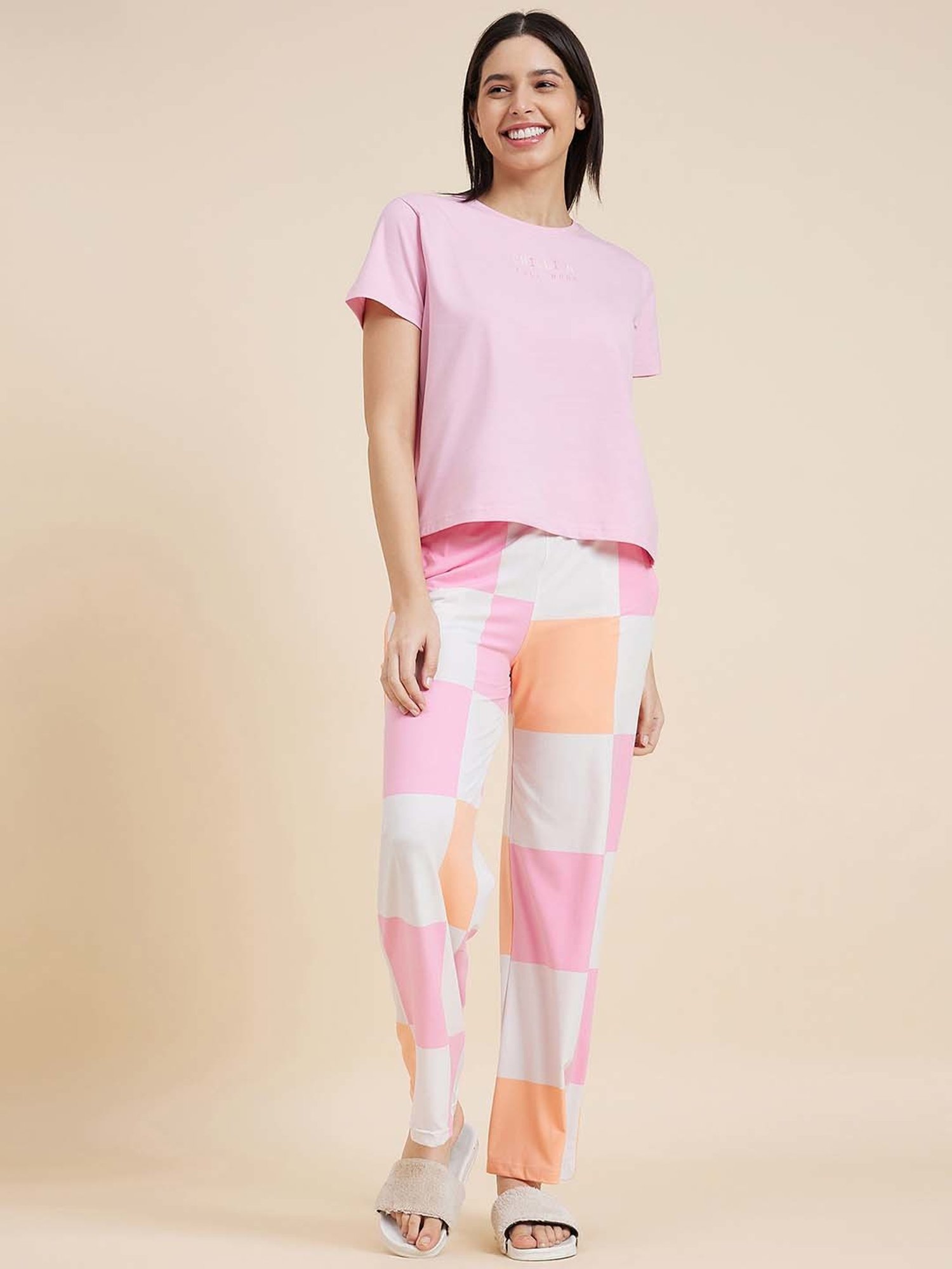 Sweet Dreams Pink & White Cotton Chequered T-Shirt Pyjama Set