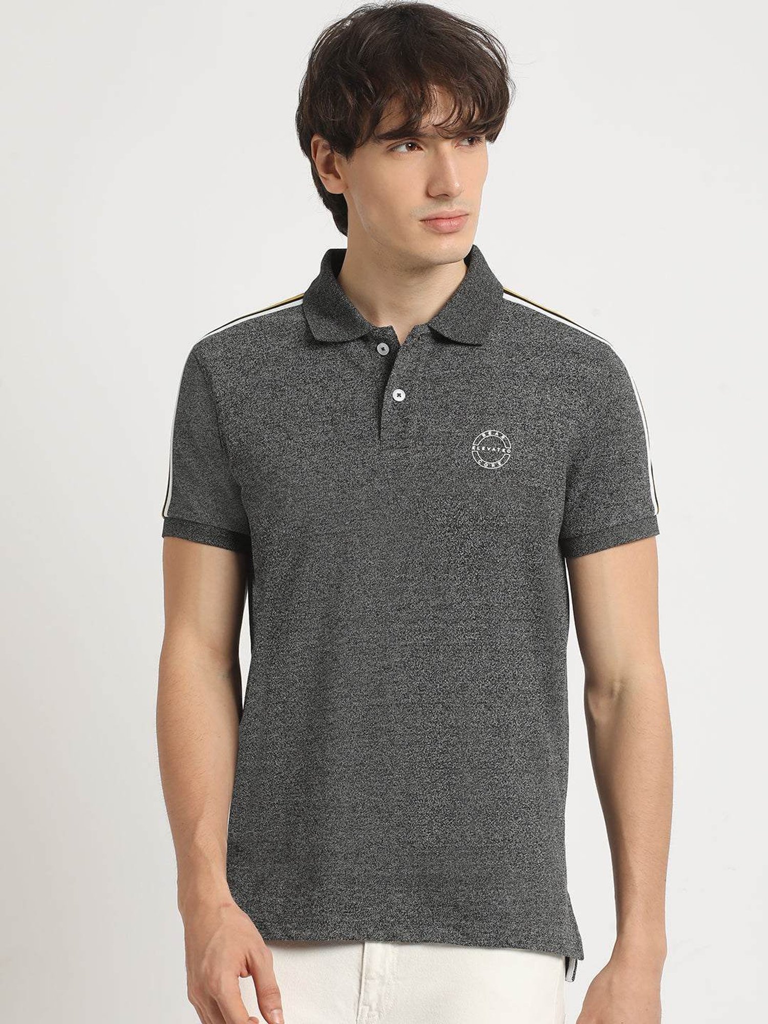 The Bear House Grey Slim Fit Self Pattern Polo T-Shirt