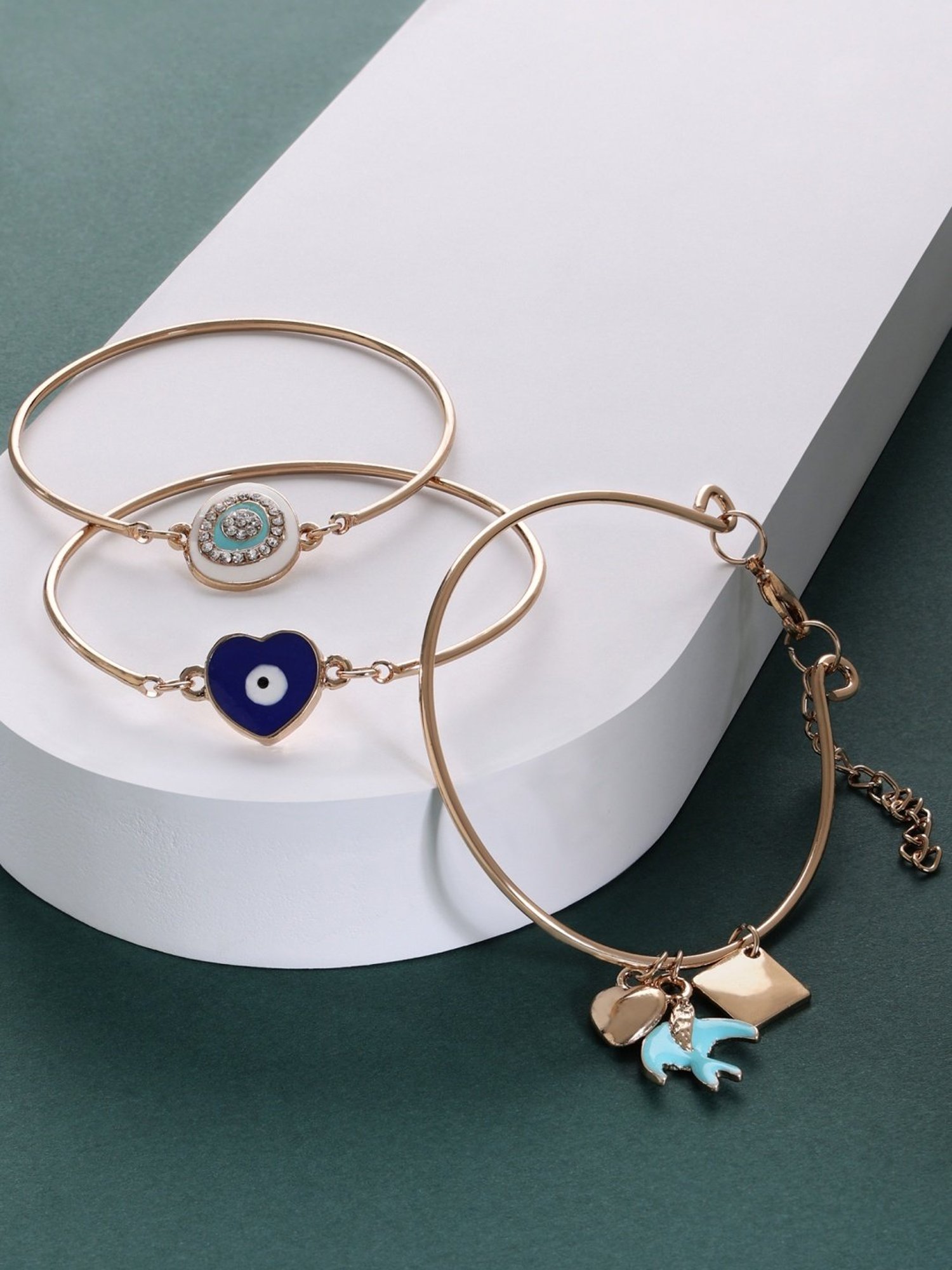 Zaveri Pearls Set of 3 Blue & White Enamel Contemporary Evil Eye Stack Bracelets-ZPFK14634