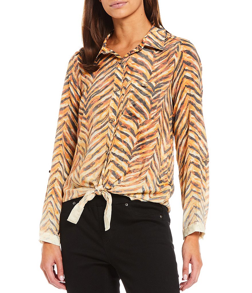 Multiples Ombre Zebra Print Woven Roll-Tab Sleeve Point Collar Button Down Tie-Front Shirt