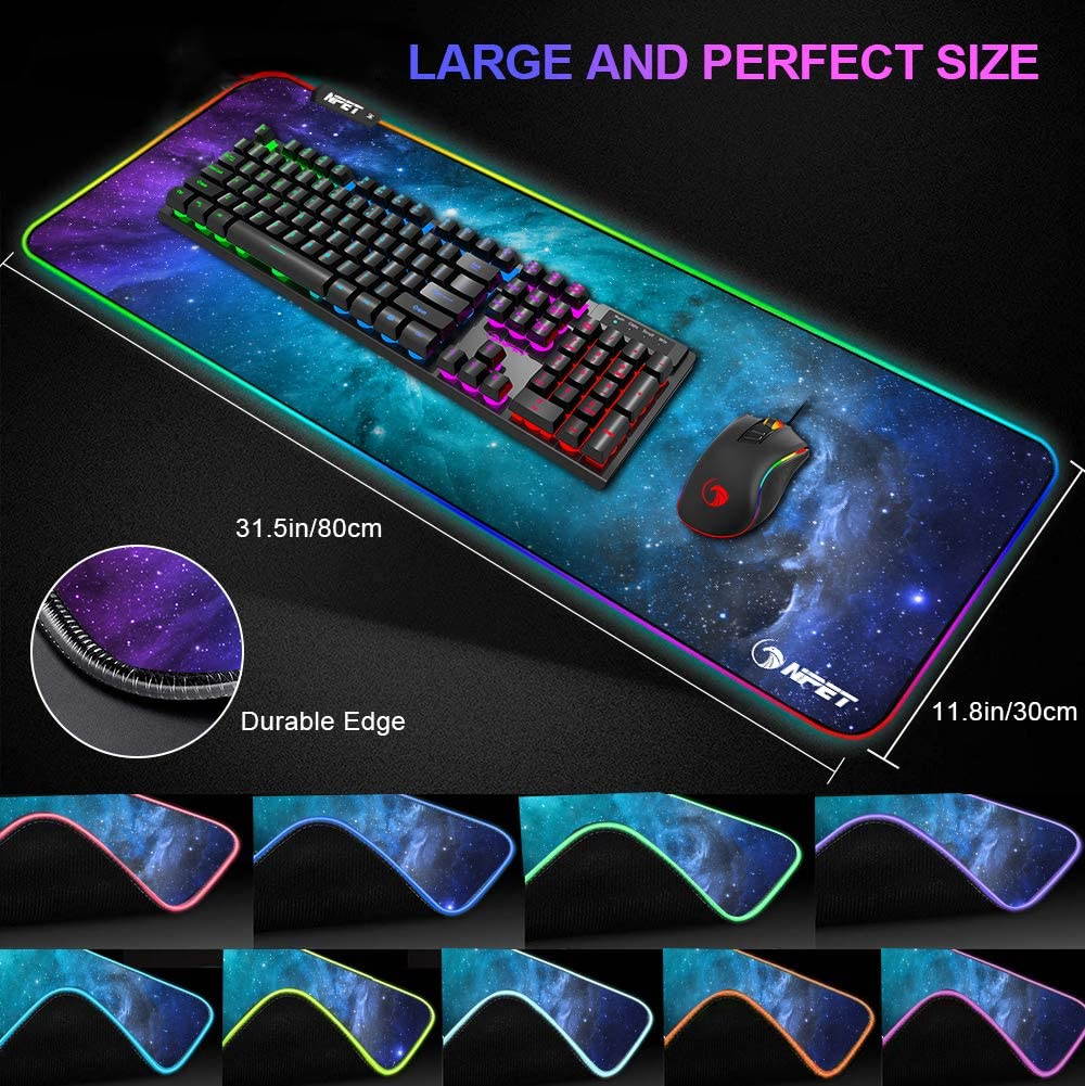 RGB Gaming Mouse Pad, Soft Oversized Glowing Extended LED Mousepad, Touch Control, Anti-Slip Rubber Base Computer Keyboard Mouse Mat, 31.5 x 12 Inch