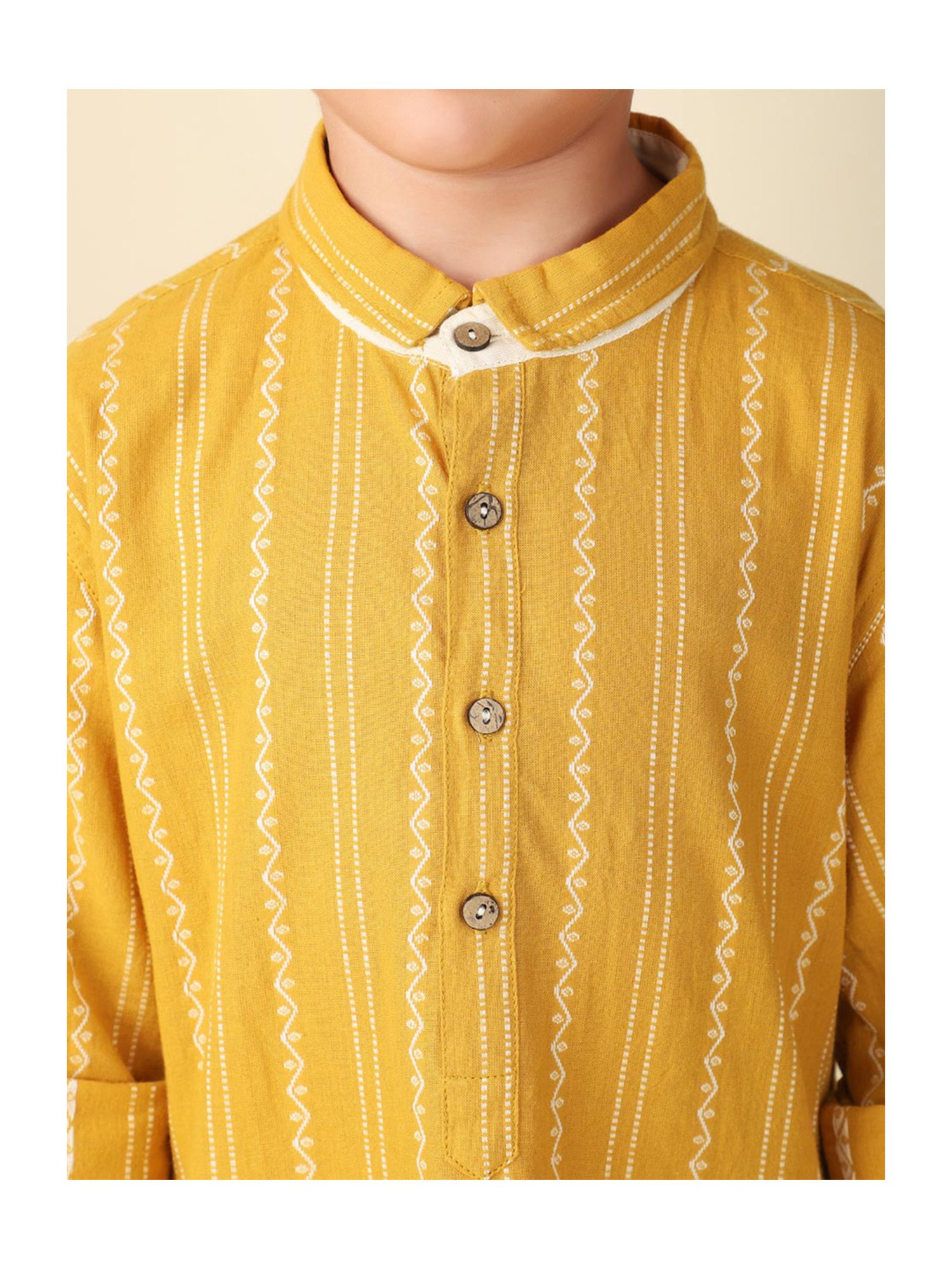 Fabindia Kids Yellow Self Design Full Sleeves Kurta