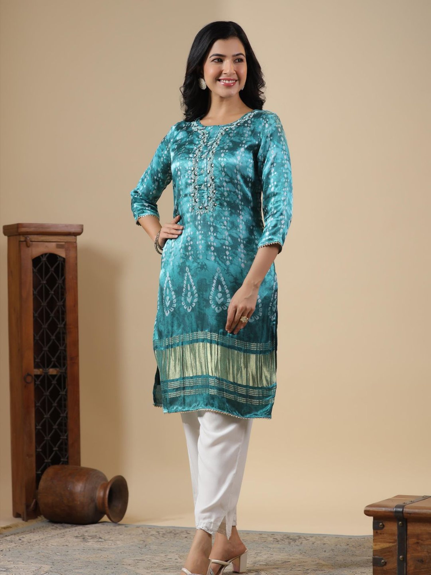 SCAKHI Teal Gaji Silk Printed Kurta