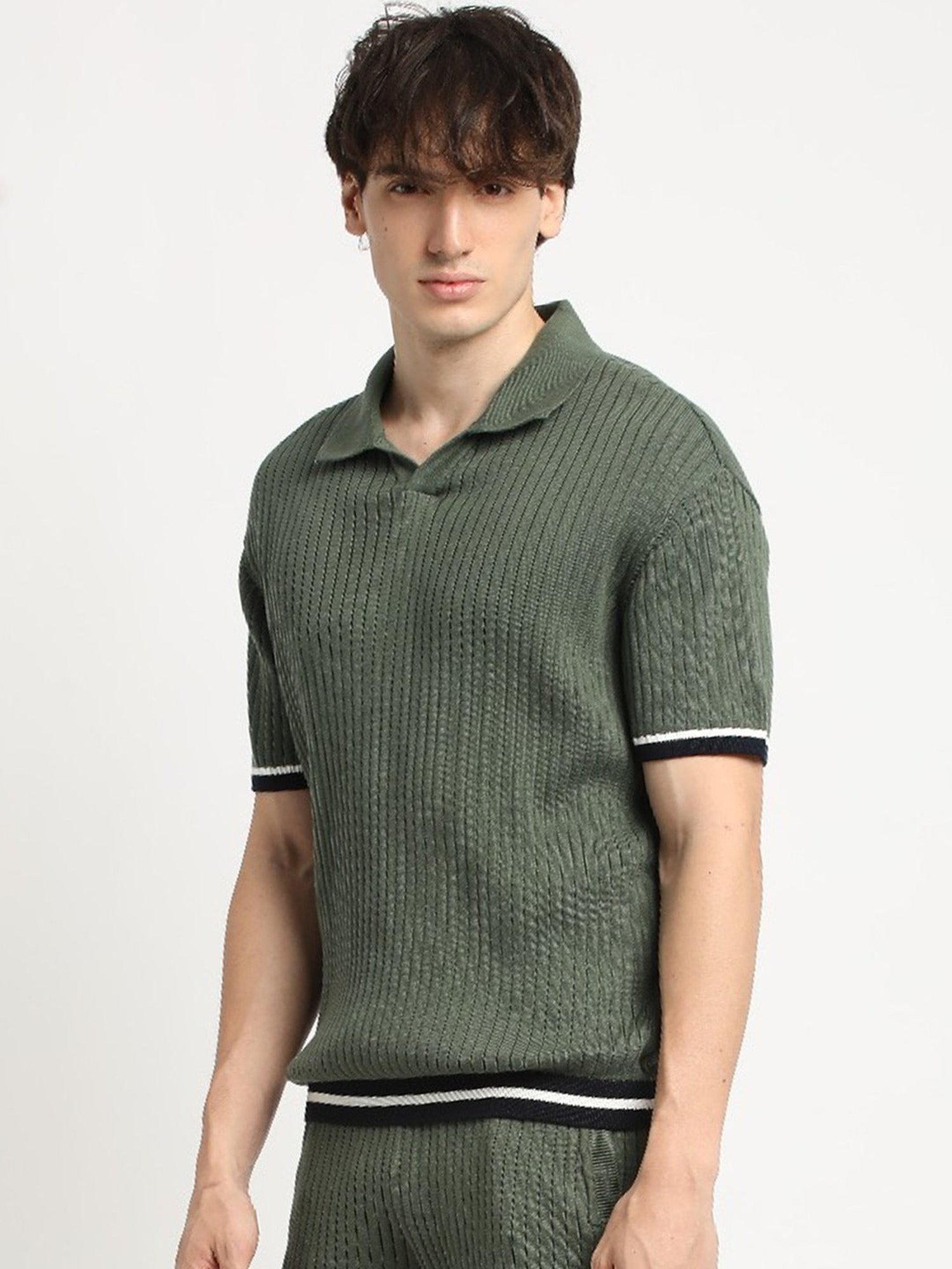 The Bear House Green Cotton Regular Fit Self Pattern Polo T-Shirt