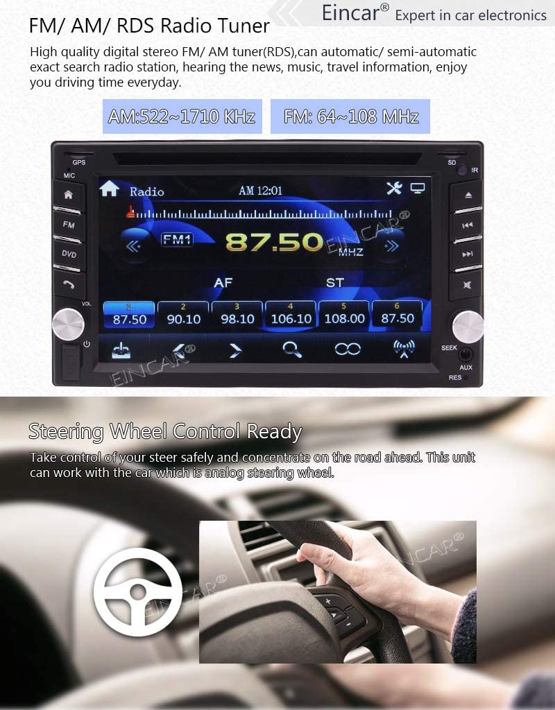 EINCAR Double DIN Car Stereo GPS Navigation Car DVD CD Player in Dash Bluetooth Head Unit with Capacitive Touchscreen AM FM RDS Autoradio 2 DIN Car Radio Receiver Audio Video USB Map Card+Rear Camera