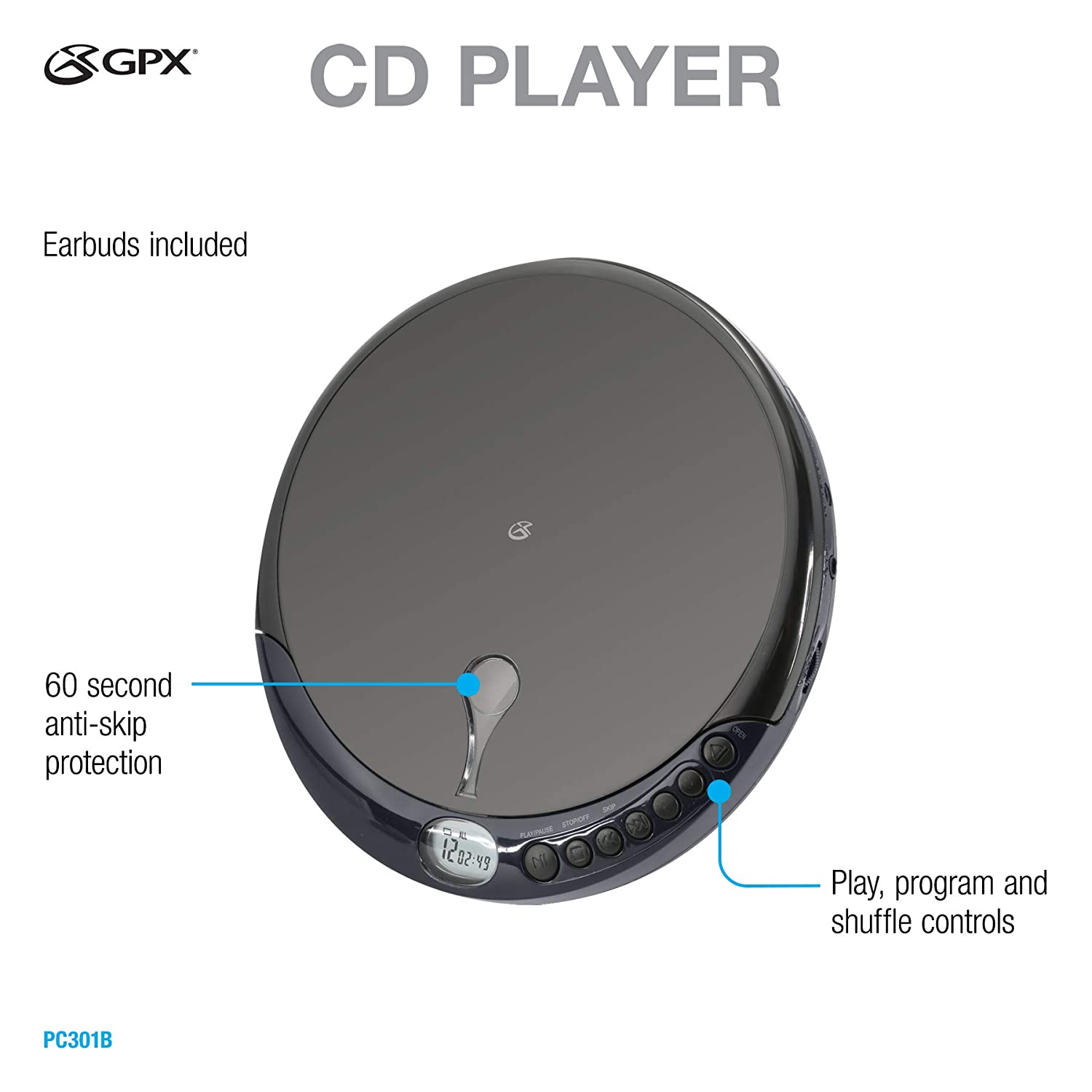 GPX PC301B Portable CD Player with Stereo Earbuds and Anti-Skip Protection (PC301B),Black
