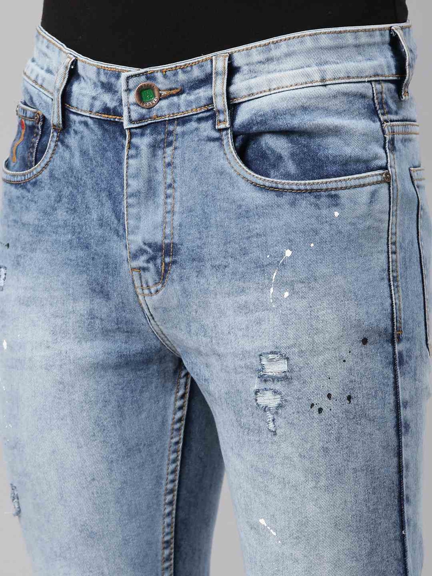 CINOCCI Sky Blue Cotton Slim Fit Distressed Jeans