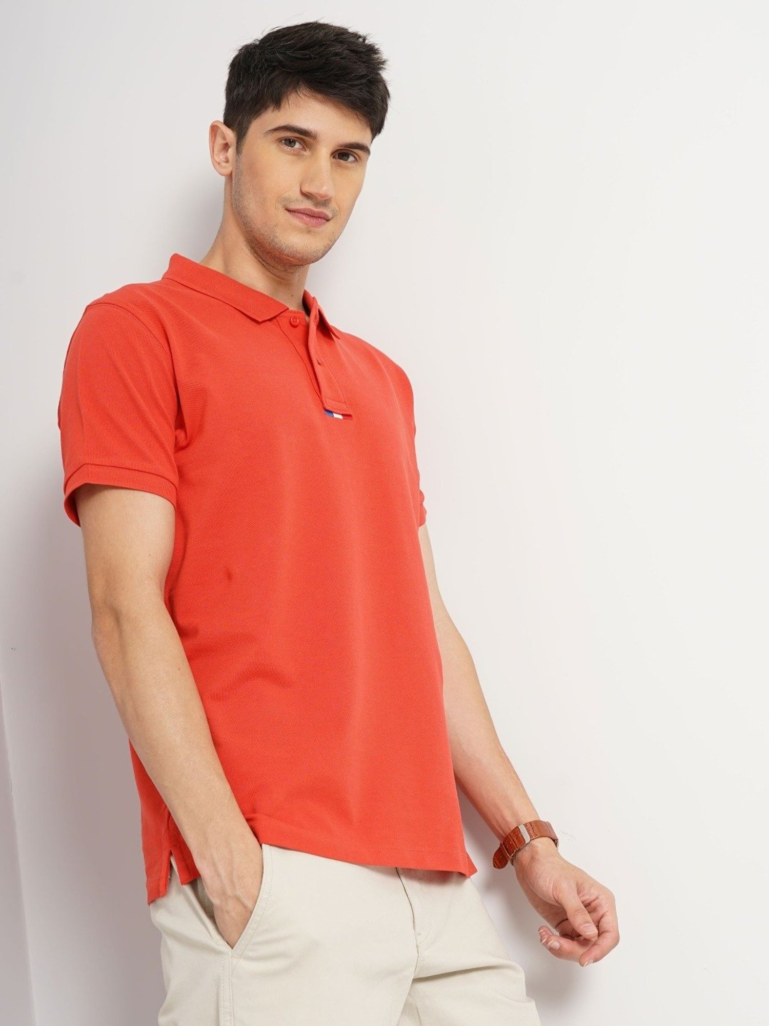 Celio Orange Cotton Regular Fit Polo T-Shirt