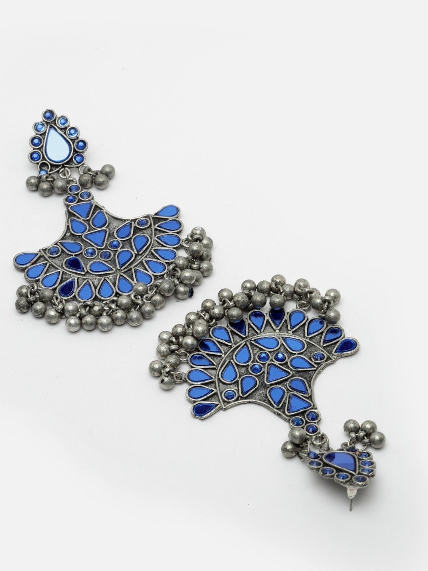 Moedbuille Mirrors and Ghungroo Afghan Tribal Design Oxidised Silver Plated Tassel Earrings