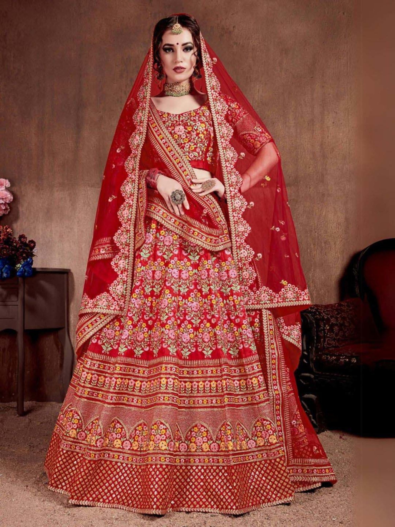 Odette Red Embroidered Lehenga Choli Set With 2 Pack of Dupatta