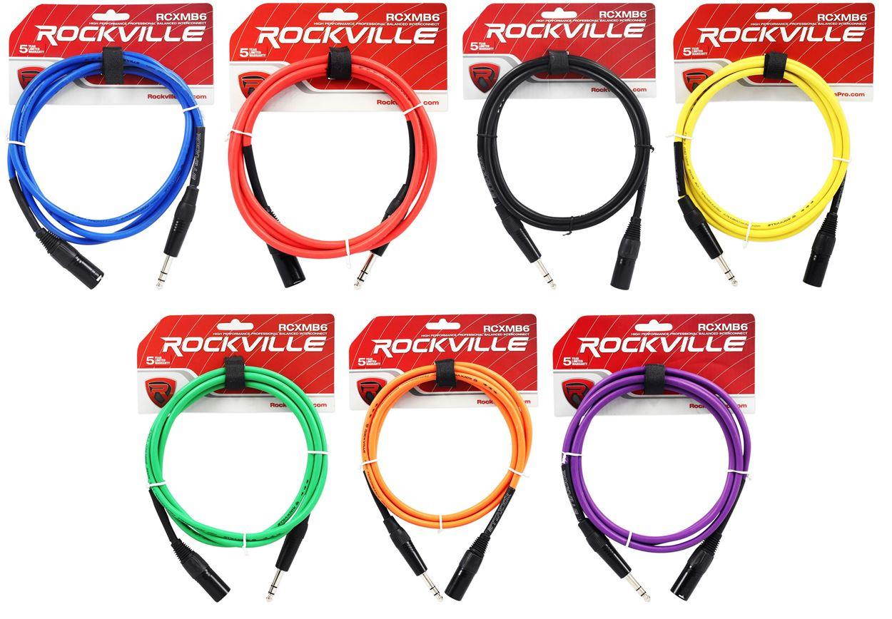 7 Rockville 6' Male REAN XLR to 1/4'' TRS Balanced Cable OFC (7 Colors)