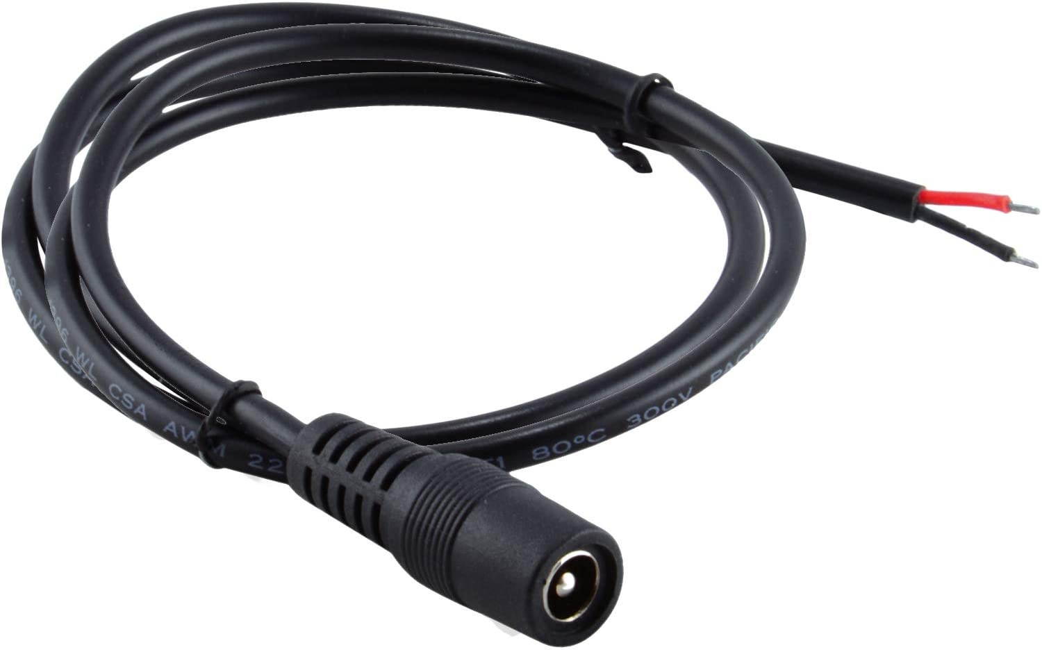 JacobsParts DC Power Jack Adapter Plug Female Pigtails 5.5mm x 2.1mm 36In / 1m for LED Strip Light, CCTV Security Camera, DVR (2-Pack)