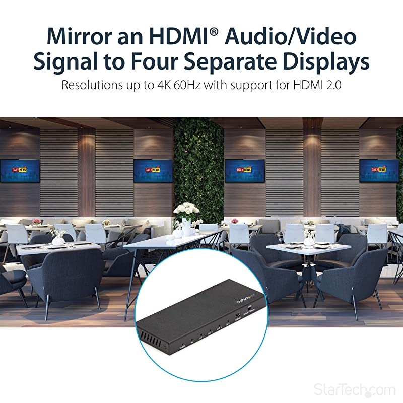 com HDMI Splitter - 4-Port - 4K 60Hz - HDMI Splitter 1 In 4 Out - 4 Way HDMI Splitter - HDMI Port Splitter (ST124HD202) , Black