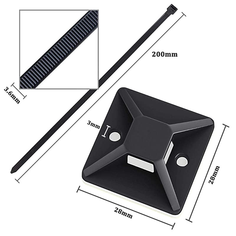 Zip Ties and Mounts,  120 Pcs 8 Inch Self-Locking Nylon Cable Ties with 120 Pcs Adhesive-Backed Mounts Screw Hole Anchor Wire Tie Base(1.1" x 1.1"), Black